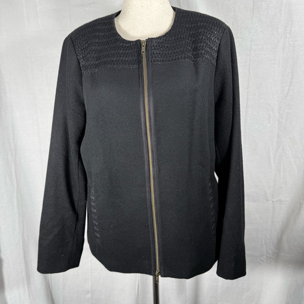 Eileen Fisher Wool XL Black Woven Yoke Collarless Zip Front Jacket pockets